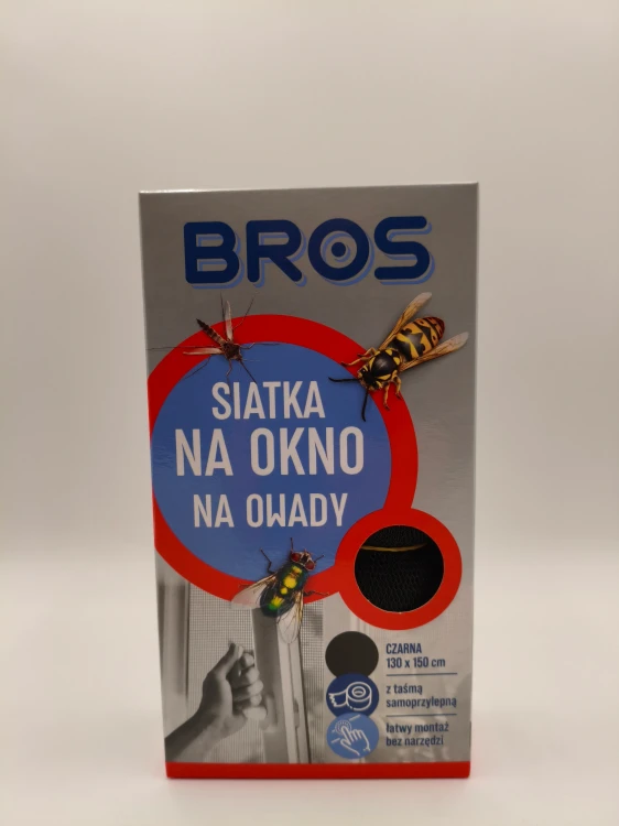 Front opakowania czarnej siatki na okno BROS o wymiarach 130x150 cm chroniącej przed owadami, z informacją o łatwym montażu bez narzędzi.