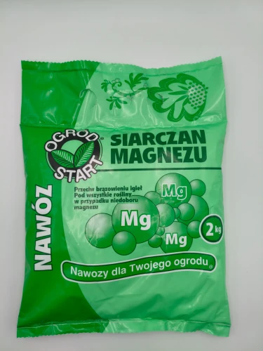 Tylna strona opakowania nawozu Siarczan Magnezu Ogród Start 2kg zawierająca instrukcję stosowania, dawkowanie i skład produktu