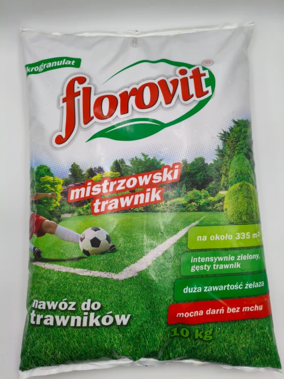 Przednia strona dużego opakowania 10kg nawozu do trawników Florovit mistrzowski trawnik na około 335 m2