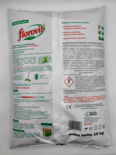 Tylna strona opakowania nawozu w postaci mikrogranulatu Florovit mistrzowski trawnik 10kg z instrukcją dawkowania i składem