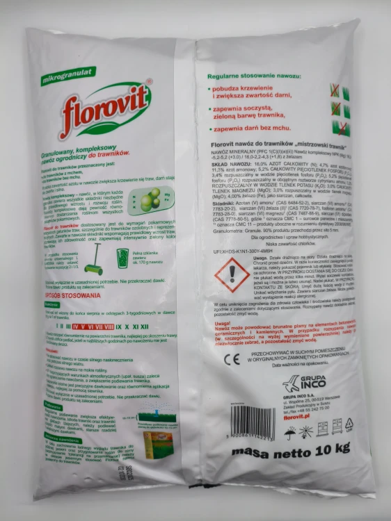 Tylna strona opakowania nawozu w postaci mikrogranulatu Florovit mistrzowski trawnik 10kg z instrukcją dawkowania i składem