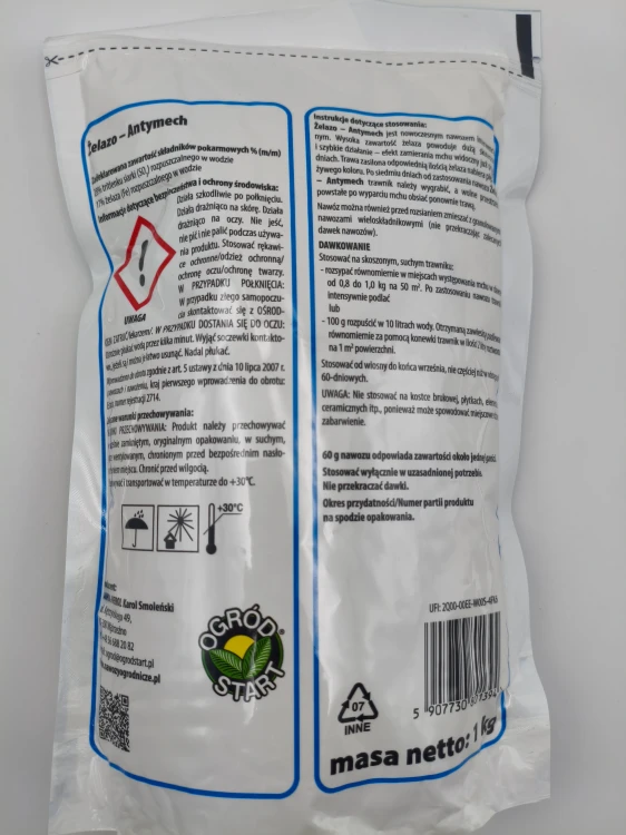 Tylna strona opakowania nawozu Żelazo Antymech 1kg Ogród Start z instrukcją stosowania i dawkowaniem