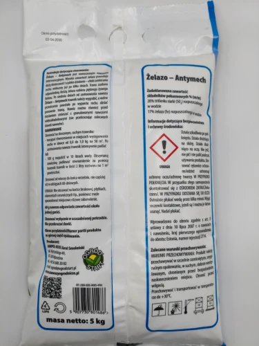 Tylna strona opakowania nawozu Żelazo Antymech 5kg Ogród Start z instrukcją stosowania, składem i dawkowaniem
