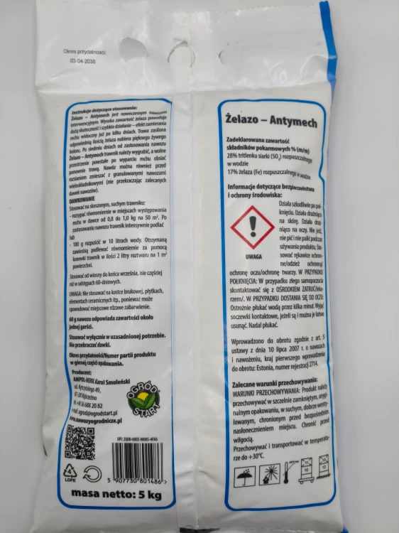 Tylna strona opakowania nawozu Żelazo Antymech 5kg Ogród Start z instrukcją stosowania, składem i dawkowaniem