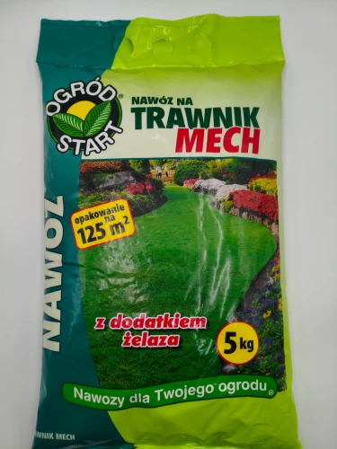 Przód opakowania nawozu na trawnik mech z dodatkiem żelaza marki Ogród Start, worek 5kg na 125 metrów kwadratowych