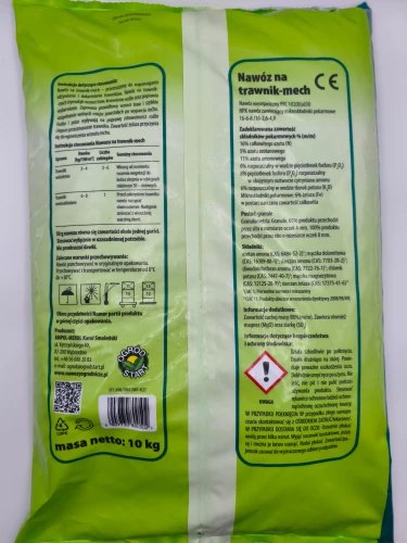 Tylna strona opakowania granulowanego nawozu Ogród Start na trawnik mech 10kg z instrukcją dawkowania i składem NPK