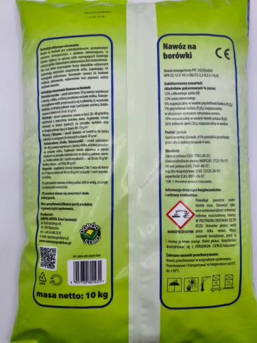 Tylna strona opakowania granulowanego nawozu do borówek Ogród Start 10kg ze szczegółową instrukcją stosowania i składem NPK