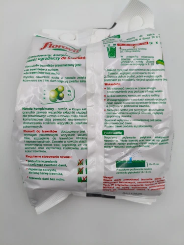 Tylna strona opakowania kompleksowego nawozu Florovit mistrzowski trawnik 1 kg ze szczegółową instrukcją stosowania, dawkowaniem i uwagami