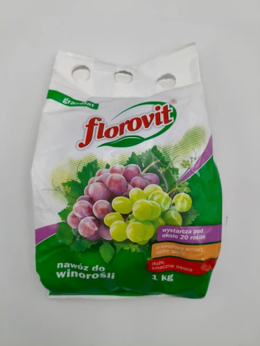 Przód opakowania granulowanego nawozu do winorośli Florovit 1 kg zapewniającego obfite plony