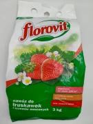 Przód opakowania nawozu do truskawek i krzewów owocowych Florovit 3 kg, wydajność na około 120 metrów kwadratowych