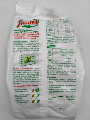 Tylna strona opakowania kompleksowego nawozu granulowanego Florovit 3 kg do rododendronów z instrukcją stosowania, wskazówkami i tabelą dawkowania